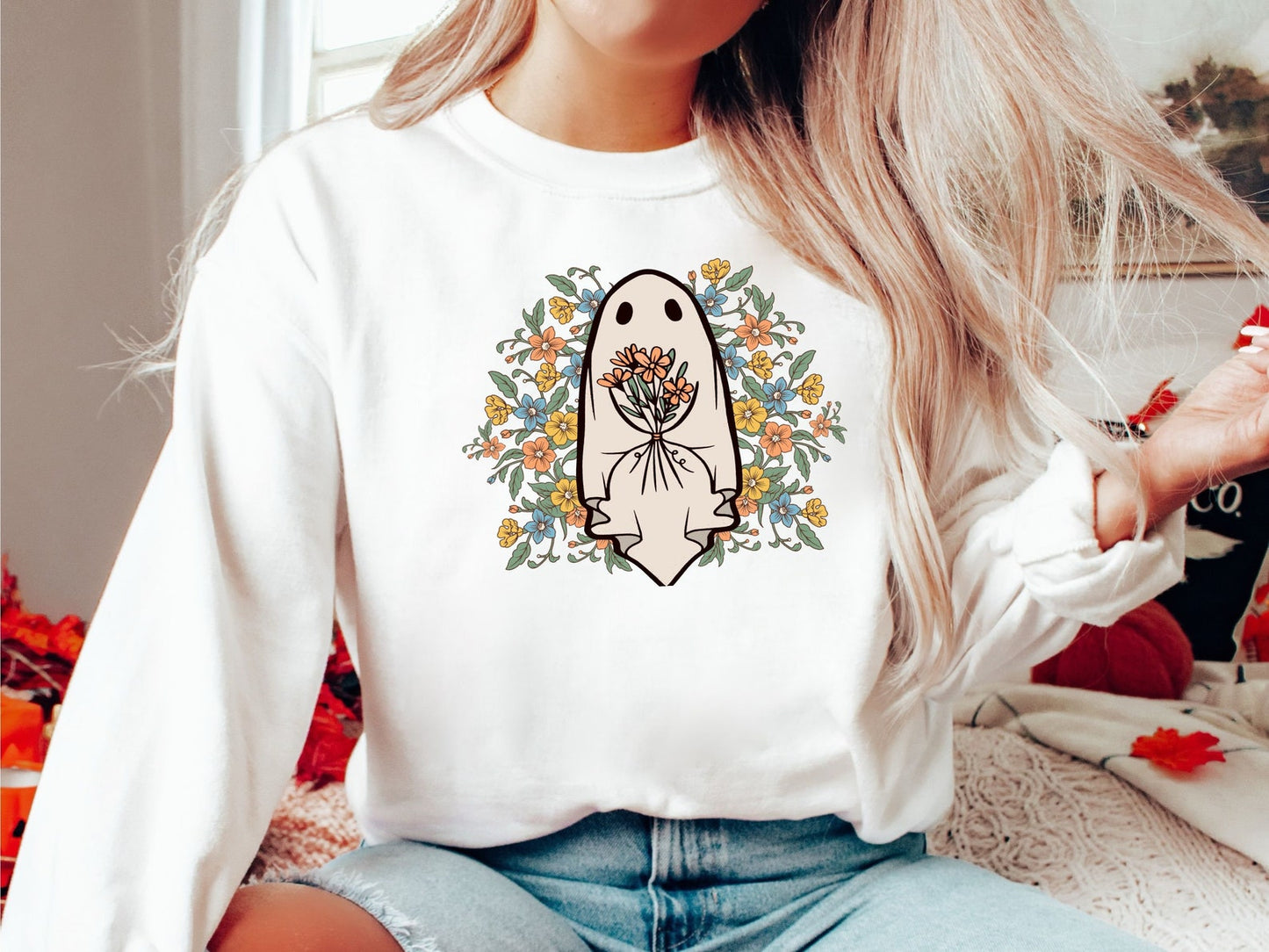 Floral ghost halloween sweatshirt, halloween shirt, ghost shirt, halloween sweater, halloween gift, womens halloween, fall sweatshirt, ghost - WeCustomit
