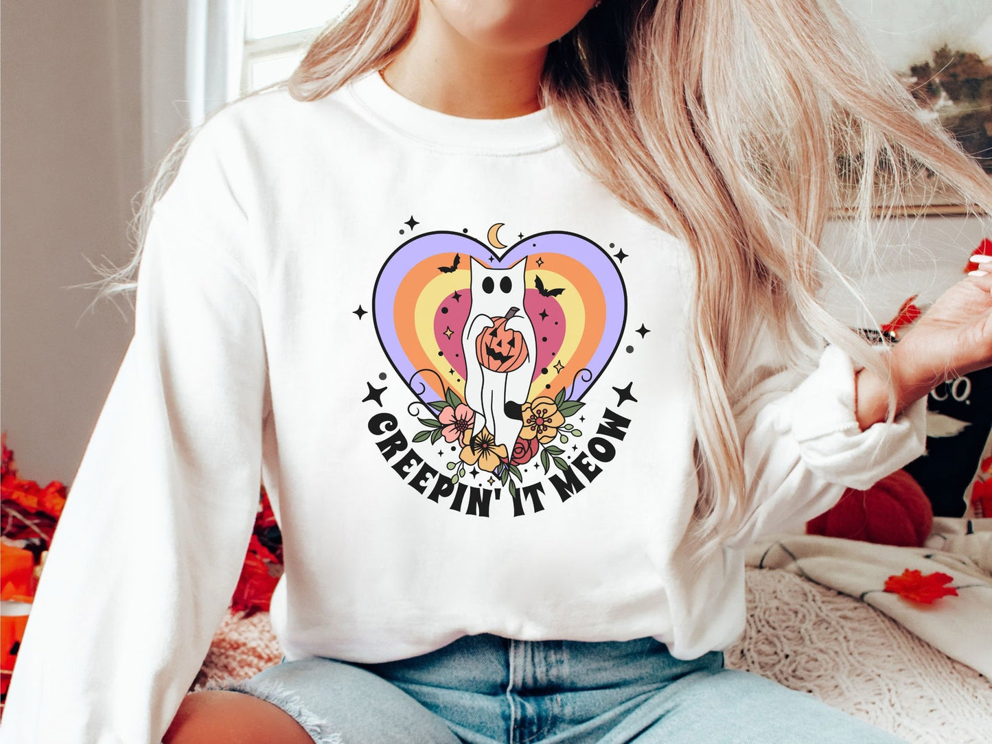 Cat ghost halloween sweatshirt, halloween shirt, ghost shirt, halloween sweater, cat lover sweatshirt, cat halloween, fall sweatshirt, kitty - WeCustomit