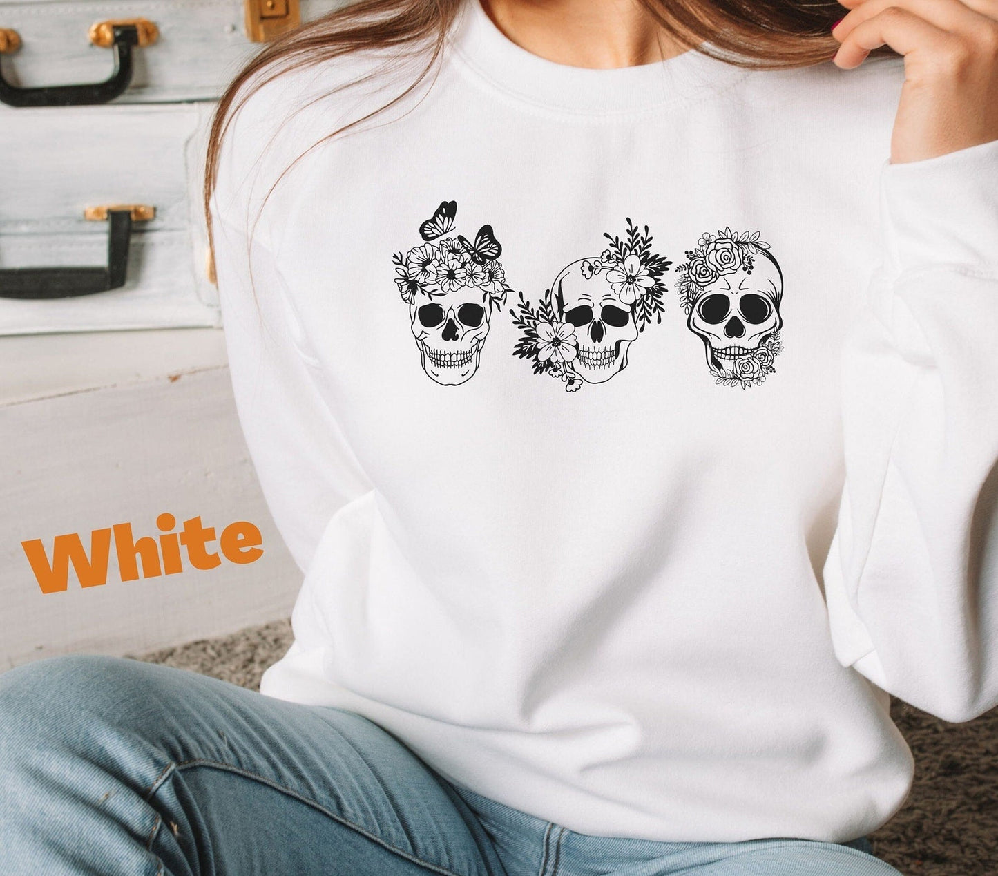 Floral Skull sweatshirt, Floral skull graphic tee, Halloween sweater, 2D Crewneck Sweatshirt All Over Print Sweatshirt For Women Sweatshirt For Men - WeCustomit