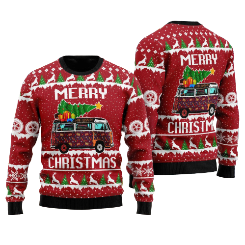 Hippie Car Merry Christmas Ugly Christmas Sweater For Men & Women Christmas Gift Sweater US1186 - WeCustomit