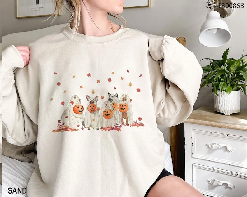 Halloween Sweatshirt, Halloween Dog Sweatshirt, Halloween Sweater, Funny Ghost Shirt, Ghost Dog Shirt, Retro Spooky Season All Over Print Sweatshirt - WeCustomit