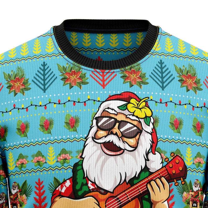 Hawaiian Santa Claus Playing Guitar Ugly Christmas Sweater For Men & Women Christmas Gift Sweater US2621 - WeCustomit