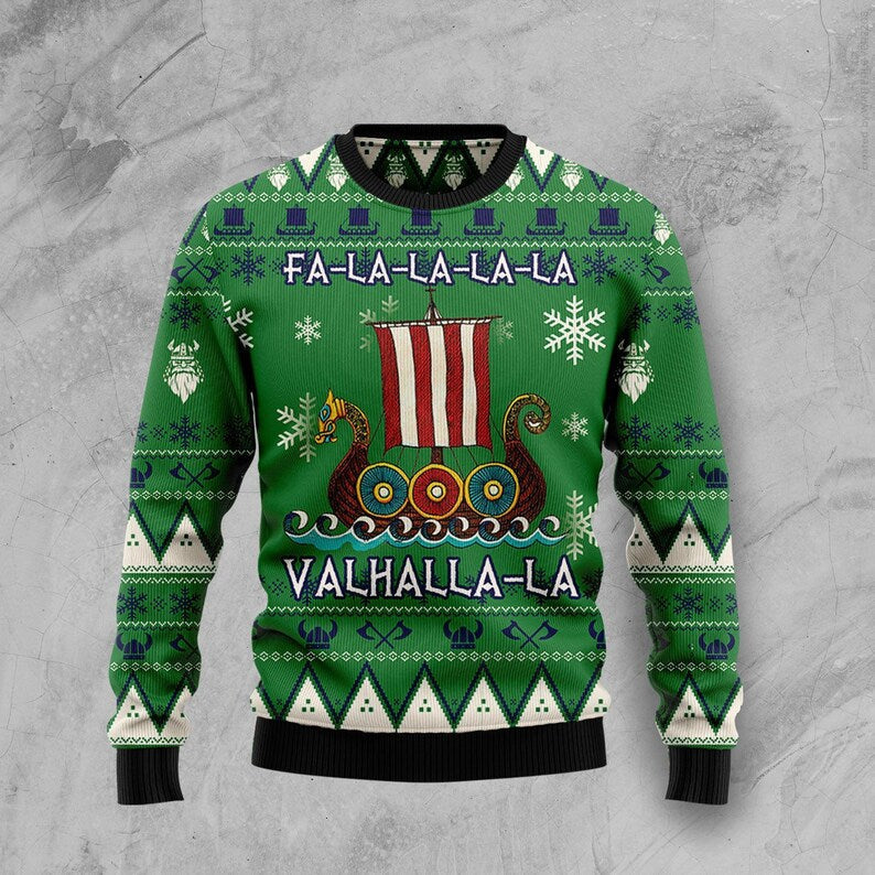 Viking Boat Valhalla La La Ugly Christmas Sweater For Men & Women Christmas Gift Sweater US2642 - WeCustomit