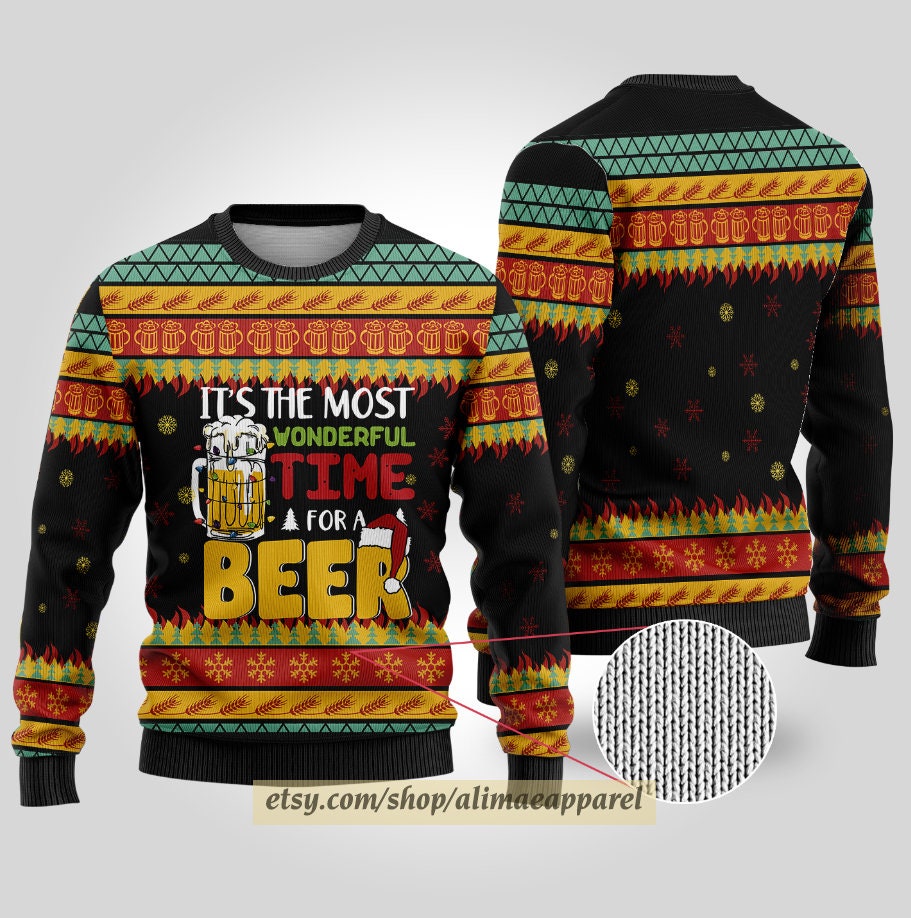 Beer Ugly All Over Print Sweater, It's The Most Wonderful Time For A Beer Christmas Sweater, Beer Lover Gifts, Holiday Drinking Xmas Sweater - WeCustomit