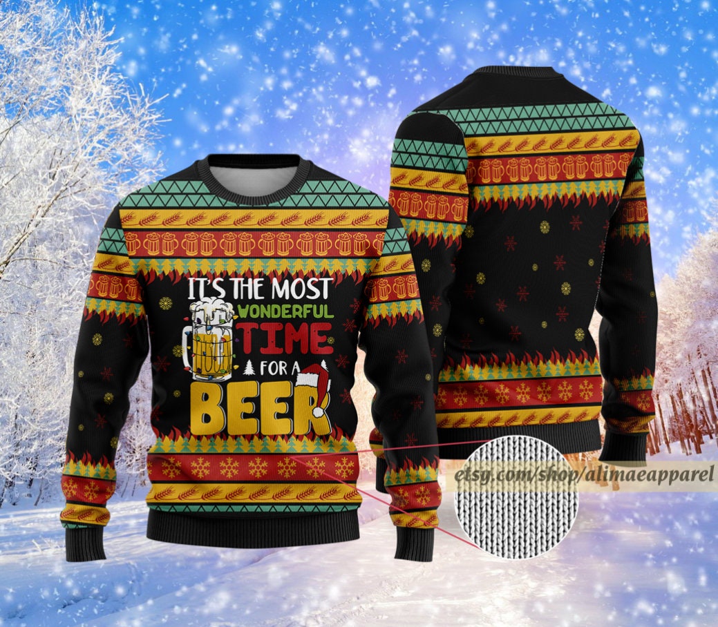 Beer Ugly All Over Print Sweater, It's The Most Wonderful Time For A Beer Christmas Sweater, Beer Lover Gifts, Holiday Drinking Xmas Sweater - WeCustomit