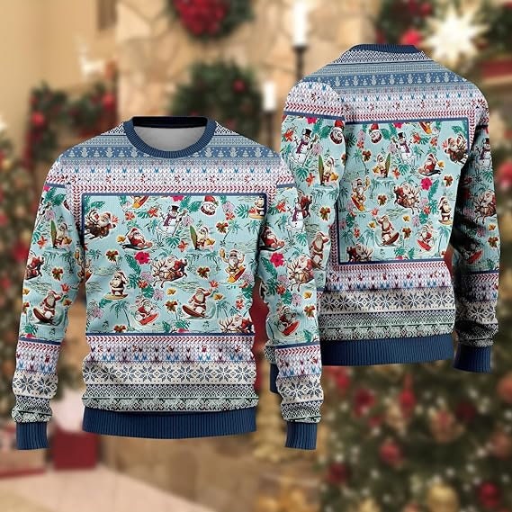 Santa Picnic Beach Xmas Ugly Christmas Sweater For Men & Women Christmas Gift Sweater US3824 - WeCustomit