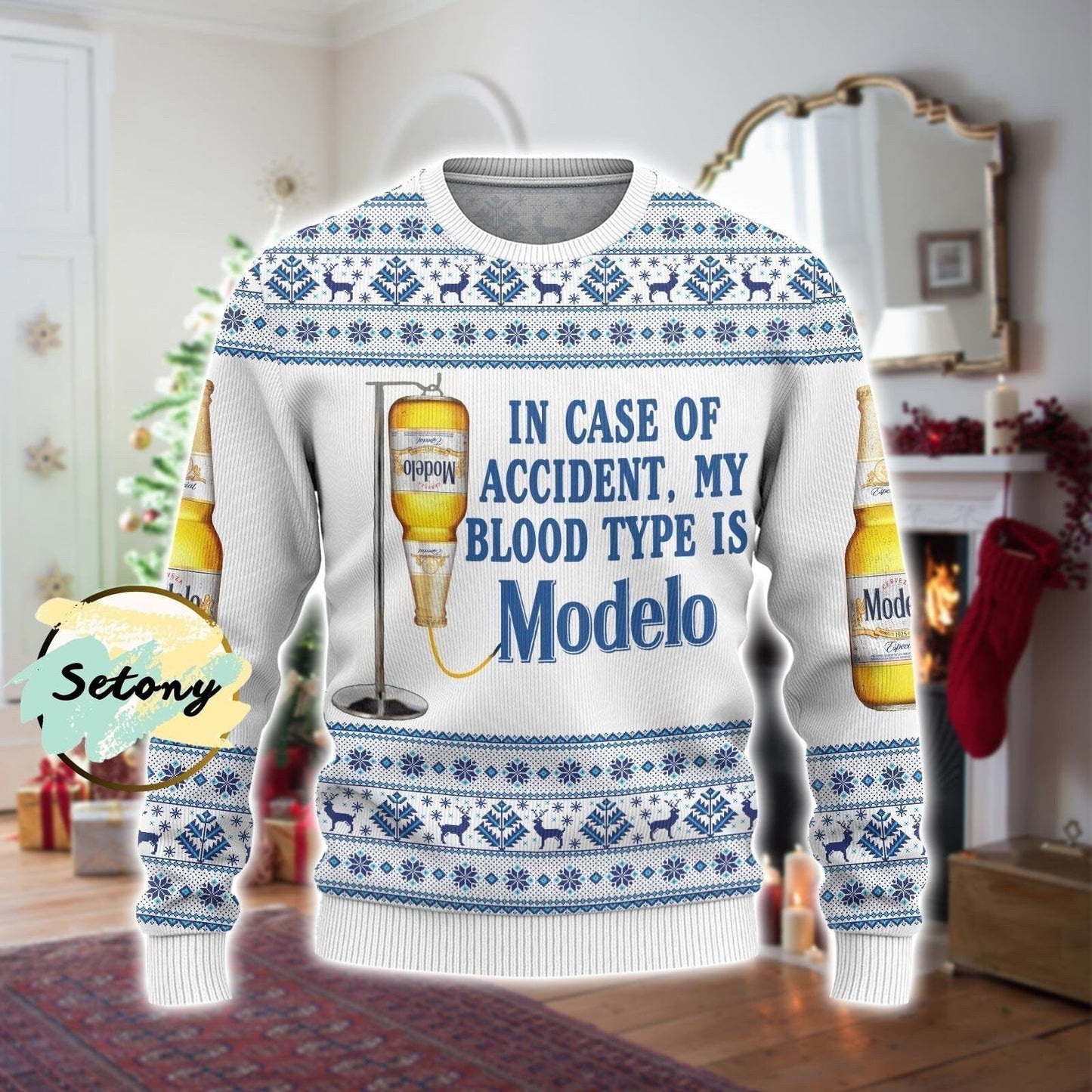 Christmas Modelo Sweater, My Blood Type Is Modelo Sweater, Modelo Ugly Sweater, Modelo Ugly Christmas Sweater, Modelo Christmas Sweater - WeCustomit