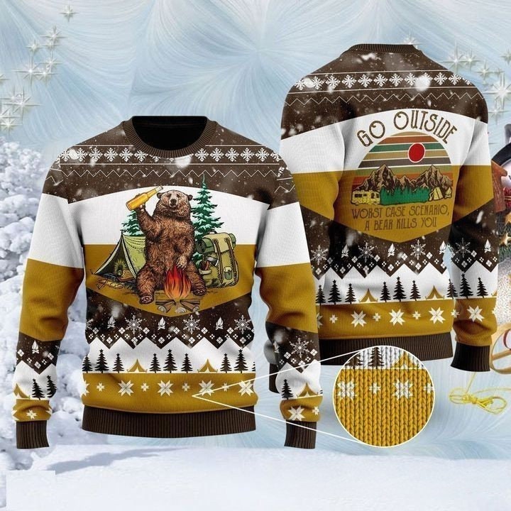 Bear Beer Campfire Christmas 3D Shirt, Bear Drinking Beer Tee, Ugly Christmas Sweater, Xmas Sweatshirt, Christmas Gift For Men Women Kid - WeCustomit