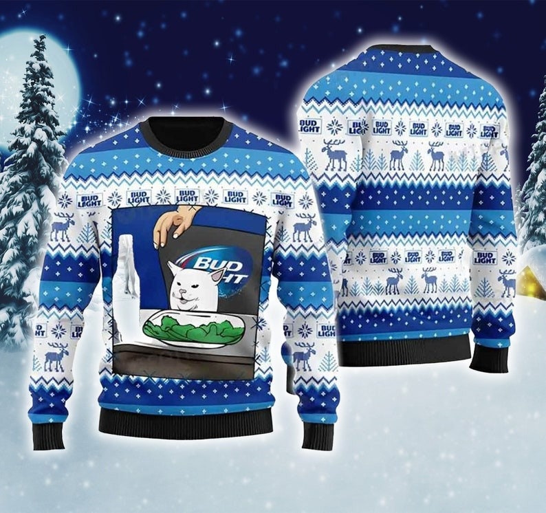 Buud Light Cat Meme Ugly Sweater, Buud Light Beer Winter Xmas Sweatshirts, Beer Logo Woolen Sweater, Drinking Team, Christmas Gifts - WeCustomit