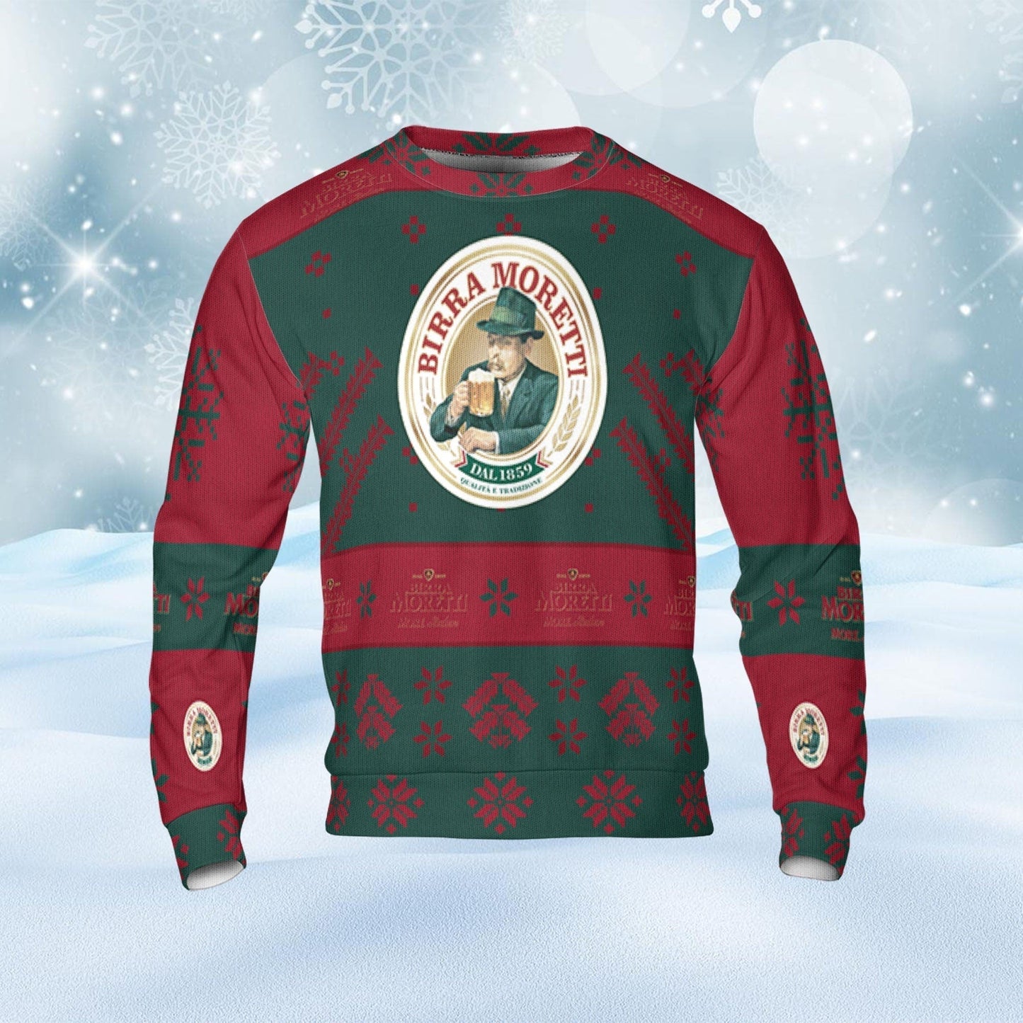 Birra Moretti Ugly Sweater Snowflakes Beer Loves ugly Gift, Christmas Sweatshirt, Birra Moretti ugly sweater gift for Dad - WeCustomit