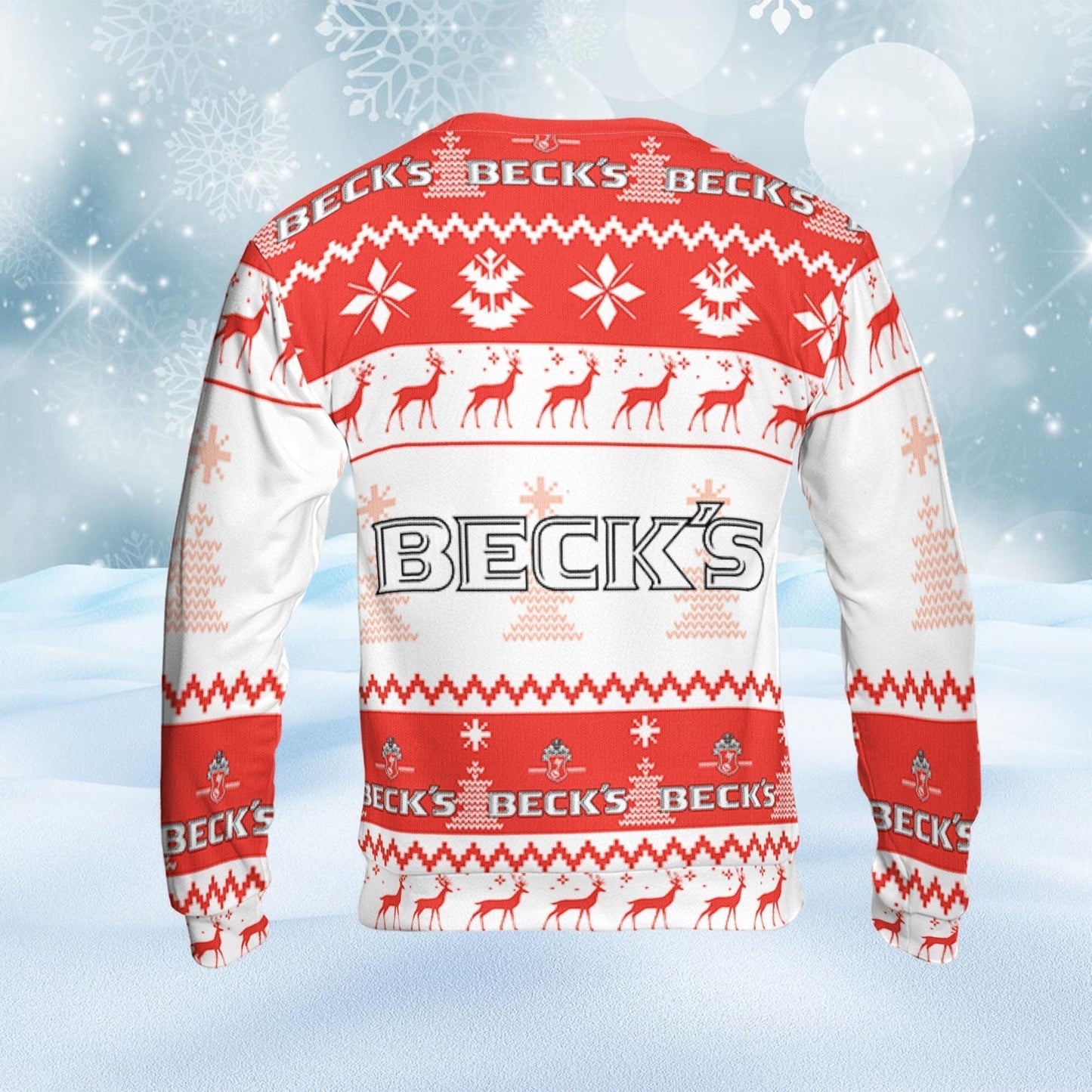 Beck's Beer Ugly Sweater Pine Trees n Reindeer Beer Loves ugly Gift, Christmas Sweatshirt, Beck's ugly sweater gift for Dad - WeCustomit