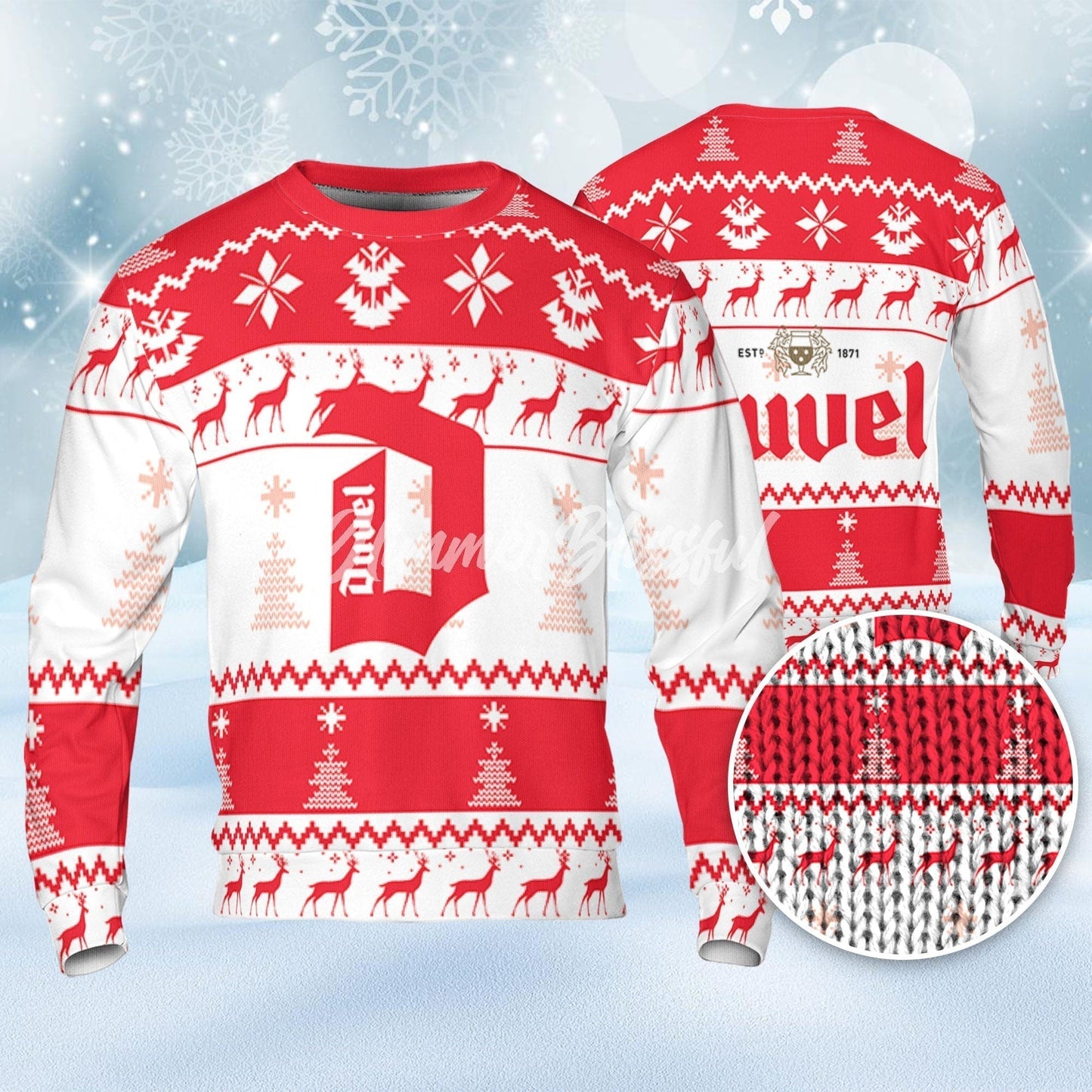 Duvel Beer Ugly Sweater Pine Trees n Reindeer Beer Loves ugly Gift, Christmas Sweatshirt, Duvel ugly sweater gift for Dad - WeCustomit