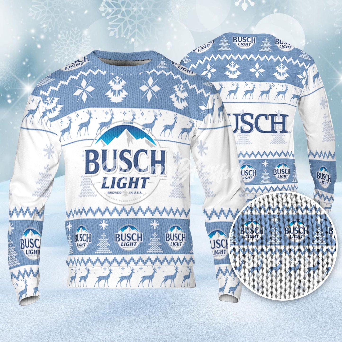 Busch Light Ugly Sweater Pine Trees n Reindeer Beer Loves ugly Gift, Christmas Sweatshirt, Busch Light ugly sweater gift for Dad - WeCustomit
