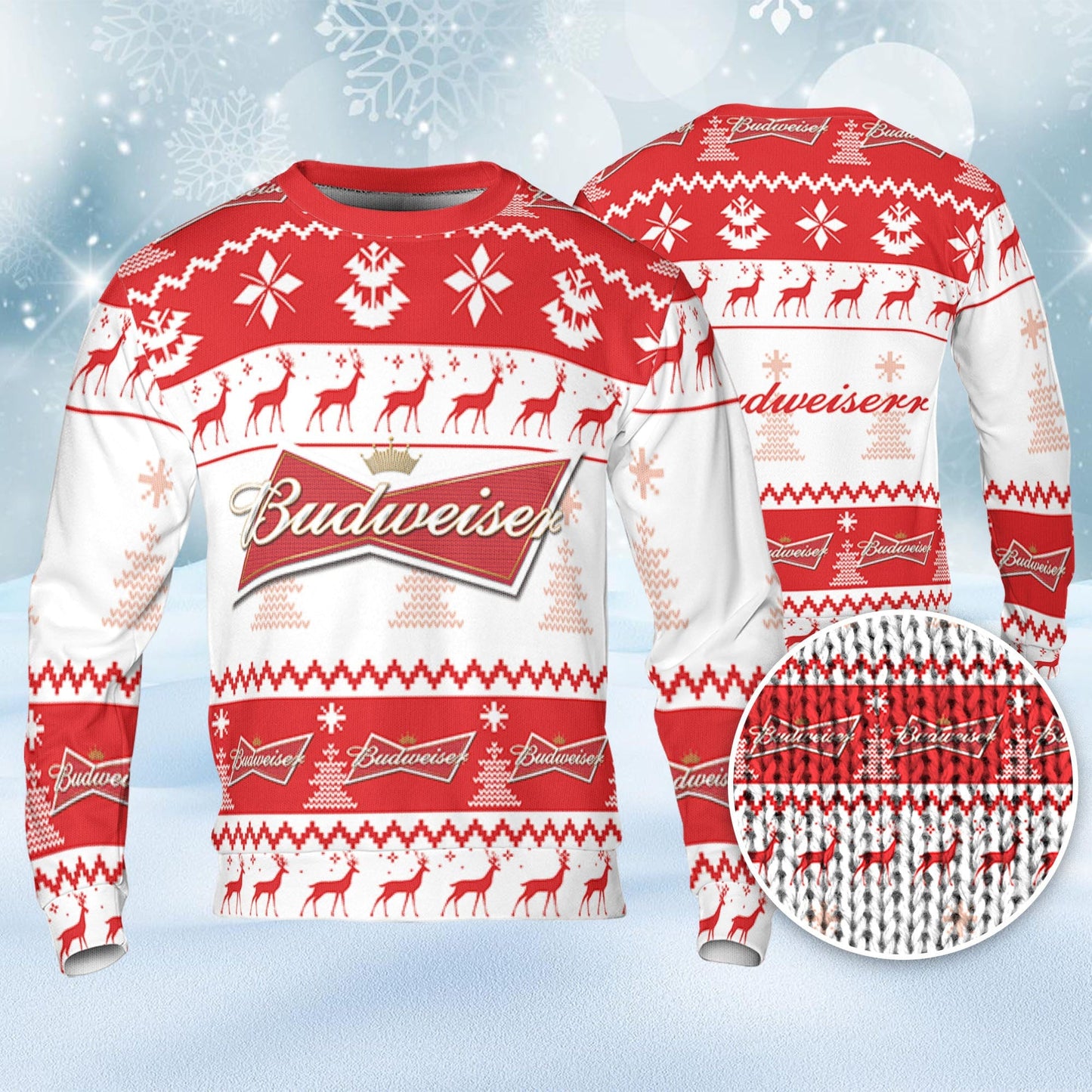 Budweiser Ugly Sweater Pine Trees n Reindeer Beer Loves ugly Gift, Christmas Sweatshirt, Budweiser ugly sweater gift for Dad - WeCustomit