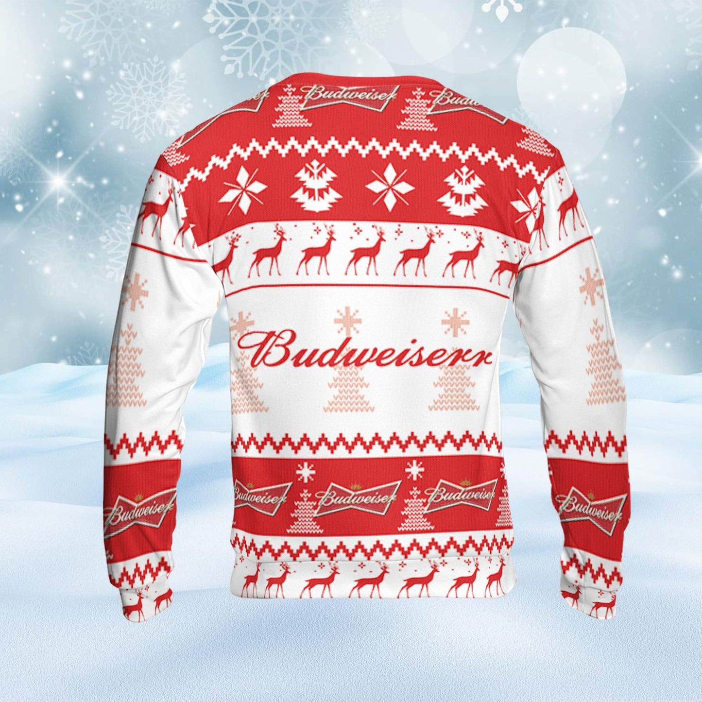 Budweiser Ugly Sweater Pine Trees n Reindeer Beer Loves ugly Gift, Christmas Sweatshirt, Budweiser ugly sweater gift for Dad - WeCustomit