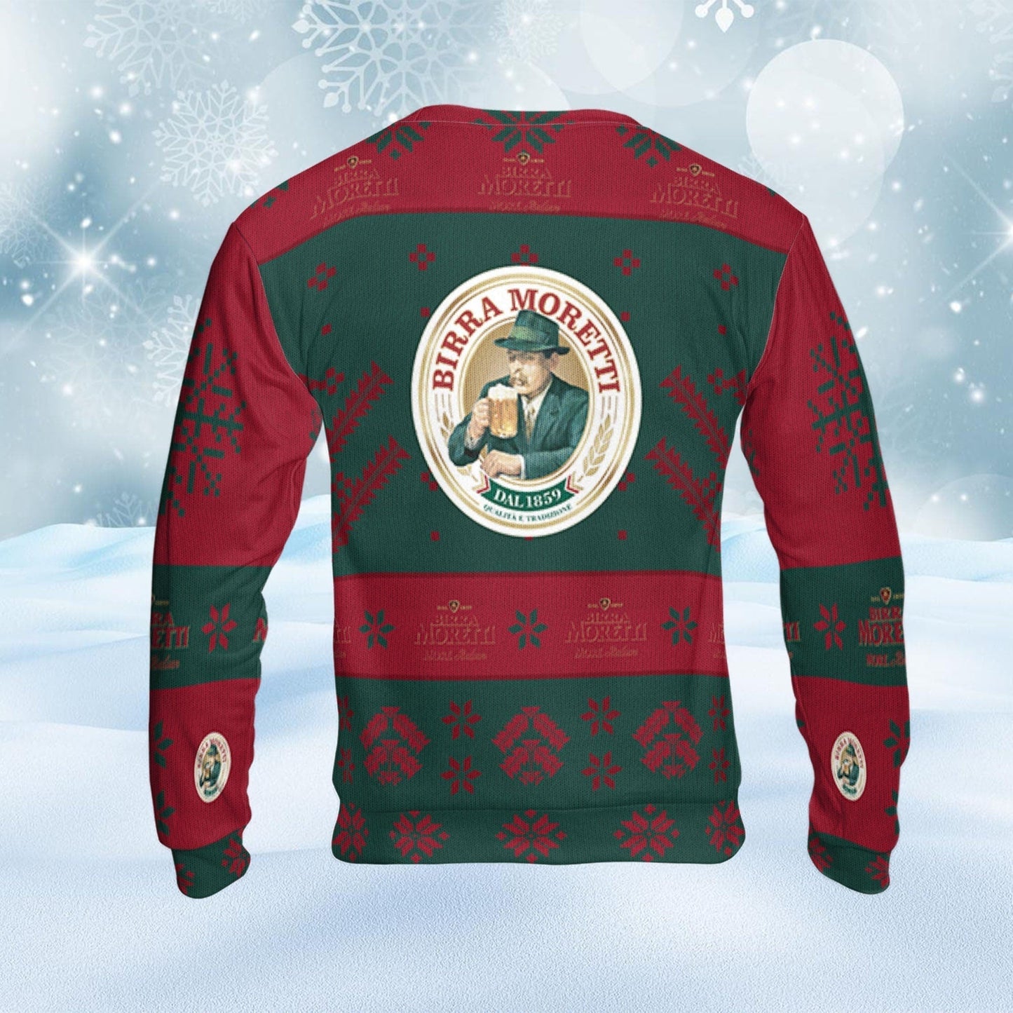Birra Moretti Ugly Sweater Snowflakes Beer Loves ugly Gift, Christmas Sweatshirt, Birra Moretti ugly sweater gift for Dad - WeCustomit