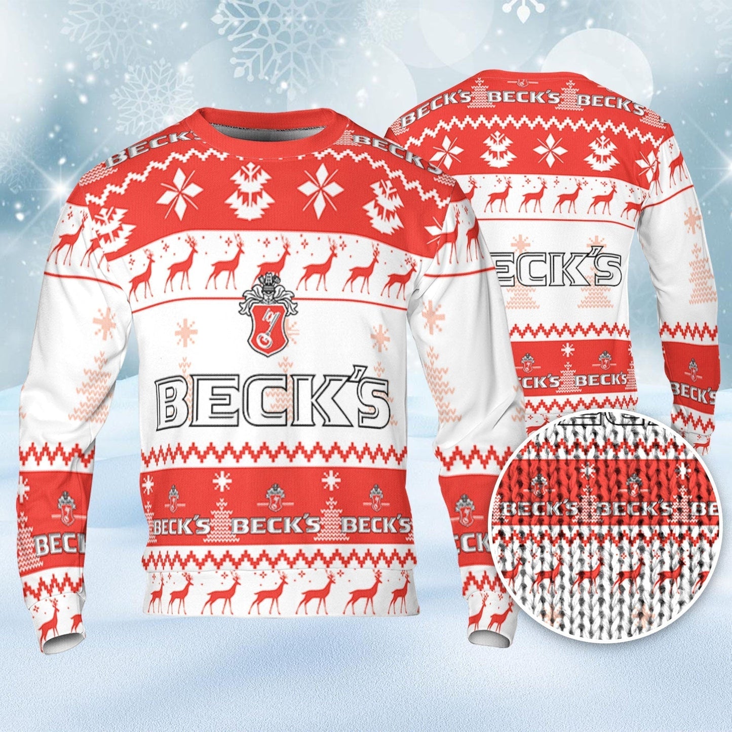 Beck's Beer Ugly Sweater Pine Trees n Reindeer Beer Loves ugly Gift, Christmas Sweatshirt, Beck's ugly sweater gift for Dad - WeCustomit