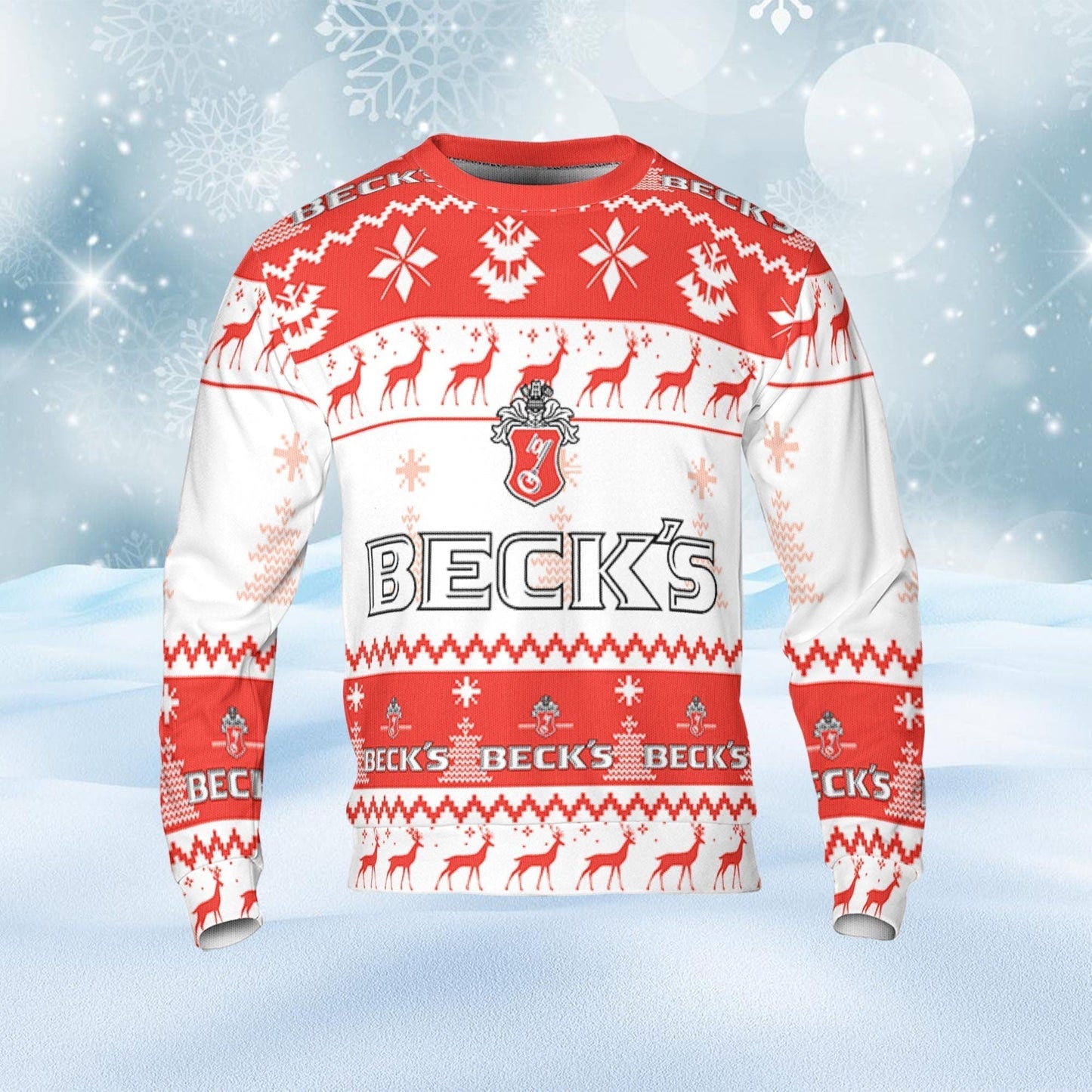Beck's Beer Ugly Sweater Pine Trees n Reindeer Beer Loves ugly Gift, Christmas Sweatshirt, Beck's ugly sweater gift for Dad - WeCustomit