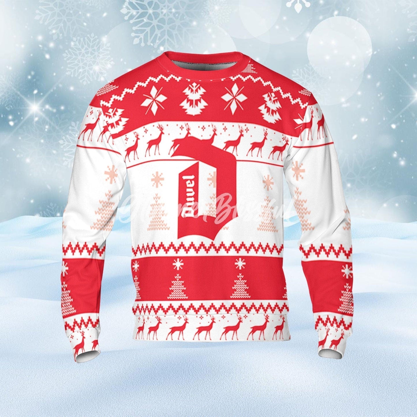 Duvel Beer Ugly Sweater Pine Trees n Reindeer Beer Loves ugly Gift, Christmas Sweatshirt, Duvel ugly sweater gift for Dad - WeCustomit