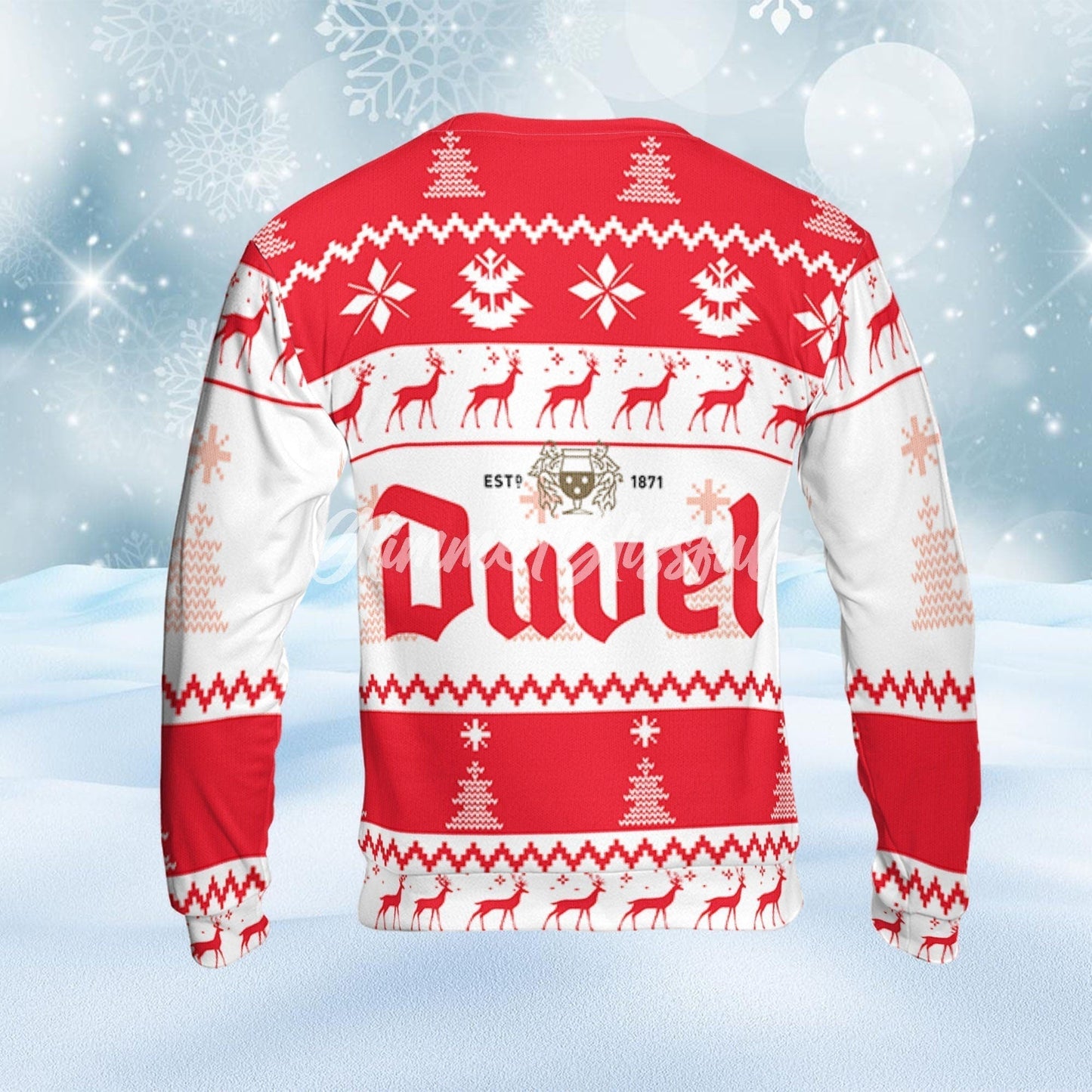 Duvel Beer Ugly Sweater Pine Trees n Reindeer Beer Loves ugly Gift, Christmas Sweatshirt, Duvel ugly sweater gift for Dad - WeCustomit
