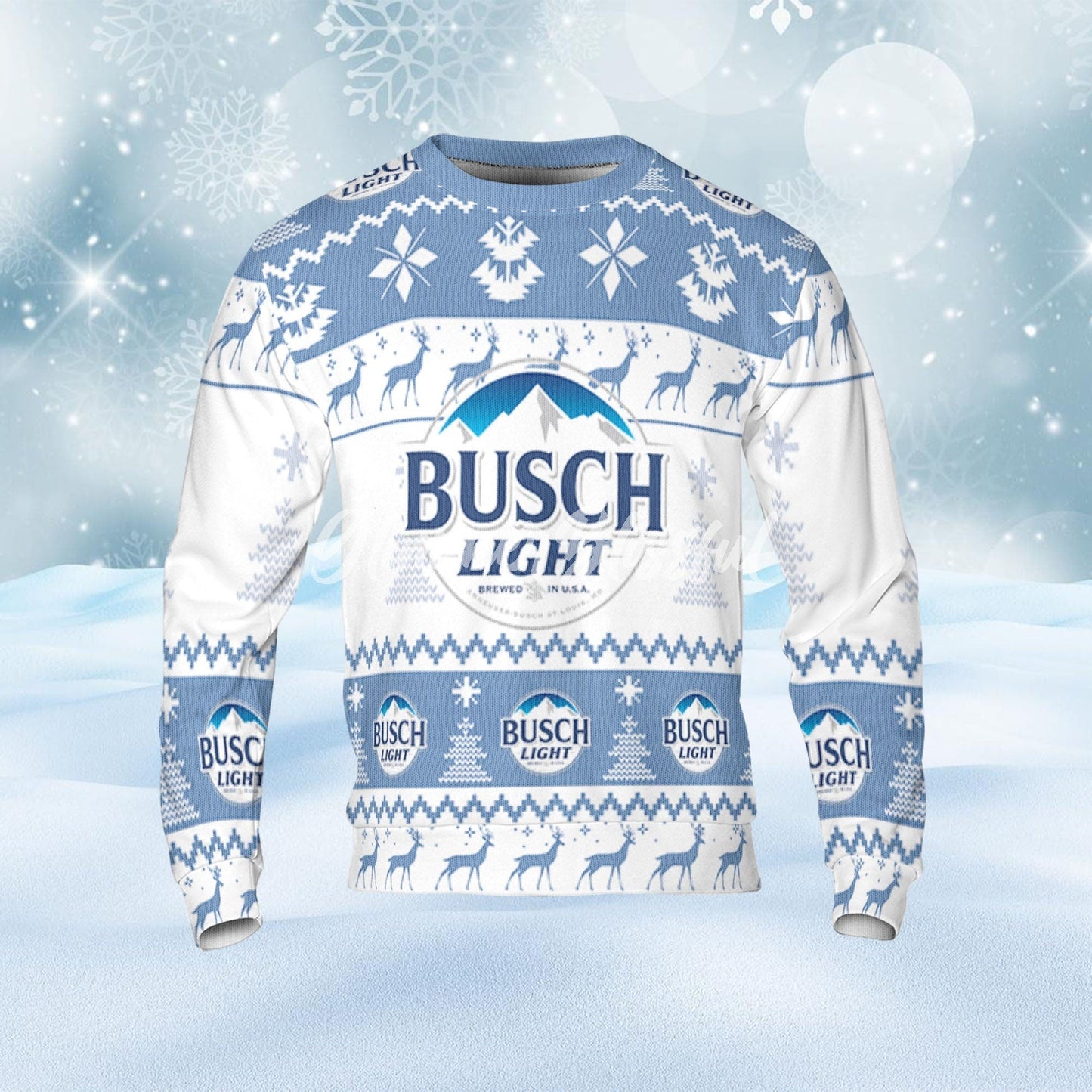 Busch Light Ugly Sweater Pine Trees n Reindeer Beer Loves ugly Gift, Christmas Sweatshirt, Busch Light ugly sweater gift for Dad - WeCustomit