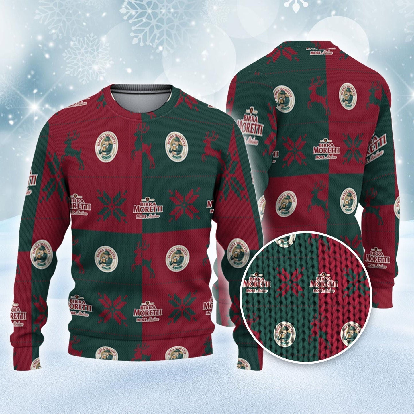 Birra Moretti Ugly Sweater Reindeer n Snowflakers Beer Loves ugly Gift, Reindeer Xmas Sweatshirt, Birra Moretti ugly sweater gift for Dad - WeCustomit