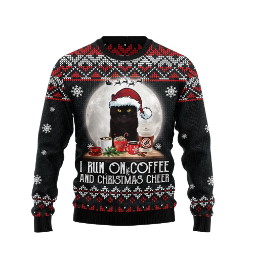 Black Cat Run On Coffee Ugly Christmas Sweater For Men & Women Christmas Gift Sweater US3436 - WeCustomit