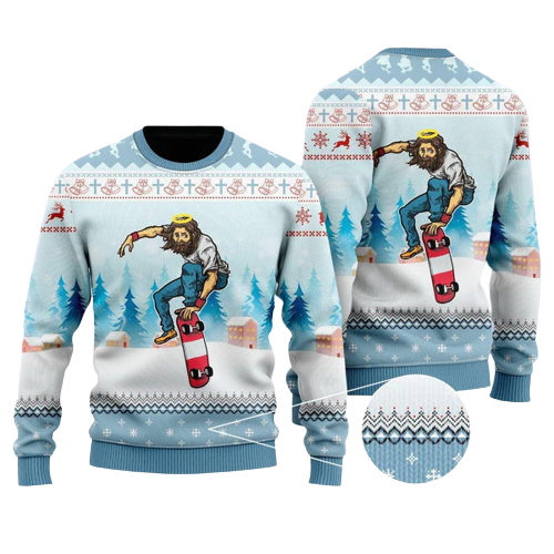Funny Jesus Skateboarding Christmas Ugly Christmas Sweater For Men & Women Christmas Gift Sweater US1079 - WeCustomit