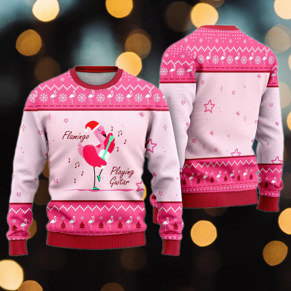 Funny Flamingo Playing Guitar Christmas Ugly Christmas Sweater For Men & Women Christmas Gift Sweater US1404 - WeCustomit