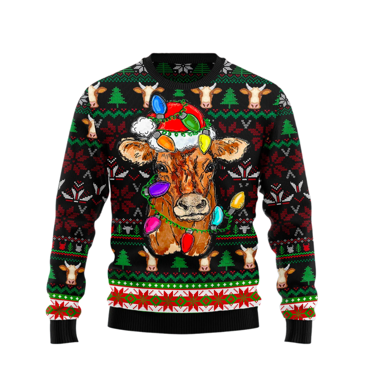 Cow with Santa hat and christmas lights Ugly Christmas Sweater For Men & Women Christmas Gift Sweater US1721 - WeCustomit