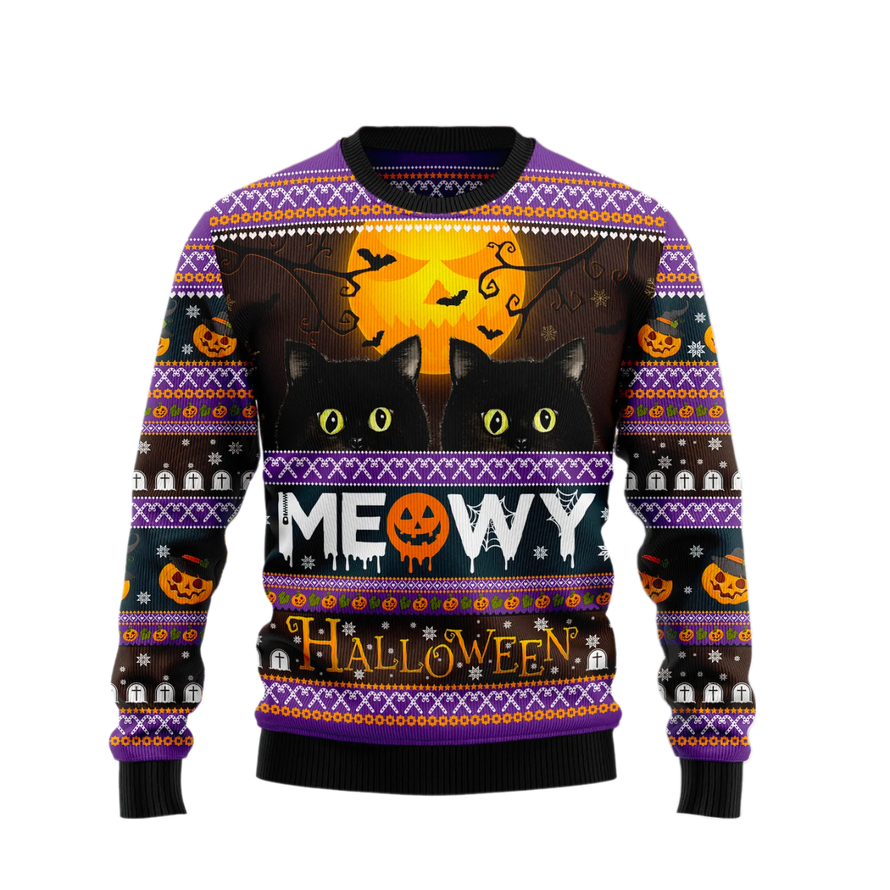 Black Cat Meowy Halloween Ugly Halloween Sweater For Men & Women Halloween Gift Sweater US1012 - WeCustomit