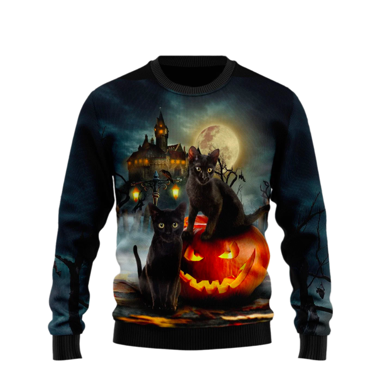 Black Cat Pumpkin Night Ugly Halloween Sweater For Men & Women Halloween Gift Sweater US1010 - WeCustomit