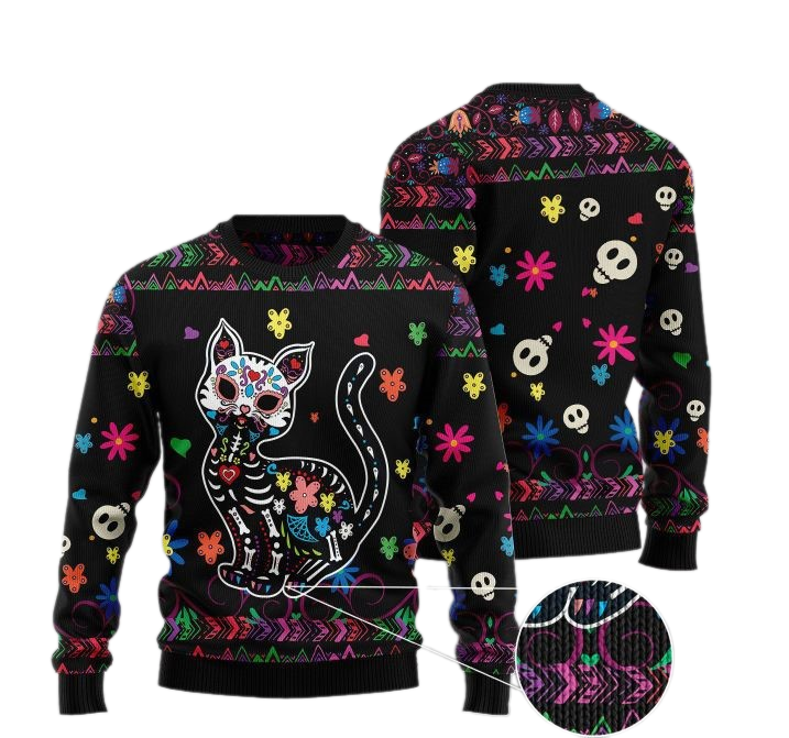 Sugar Skull Cat Pattern Ugly Christmas Sweater For Men & Women Christmas Gift Sweater US1040 - WeCustomit