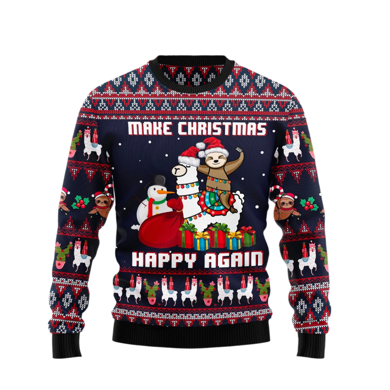Llama Sloth Make Christmas Happy Again Ugly Sweater For Men & Women Christmas Gift Sweater US2562 - WeCustomit