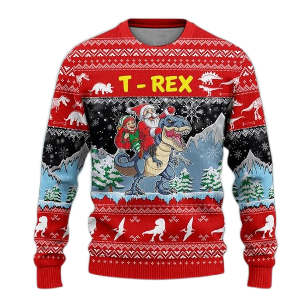 Santa Riding Dinosaur T-Rex Ugly Christmas Sweater For Men & Women Christmas Gift Sweater US3278 - WeCustomit