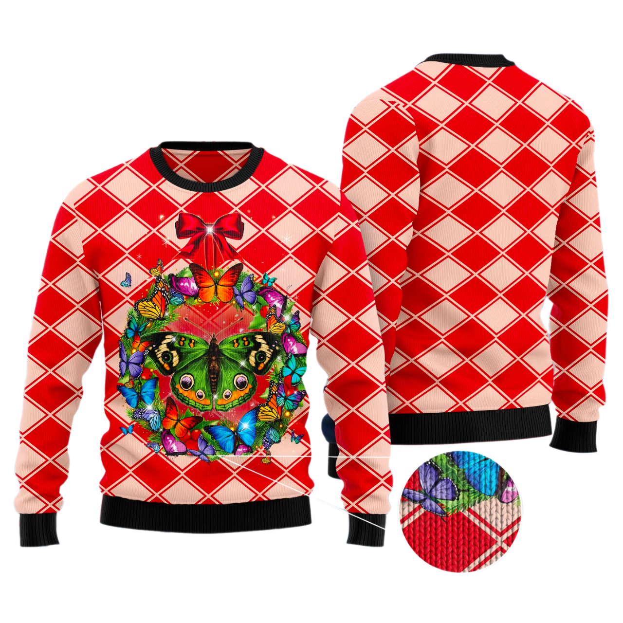 Butterfly Wreath Christmas Ugly Christmas Sweater For Men & Women Christmas Gift Sweater US3381 - WeCustomit