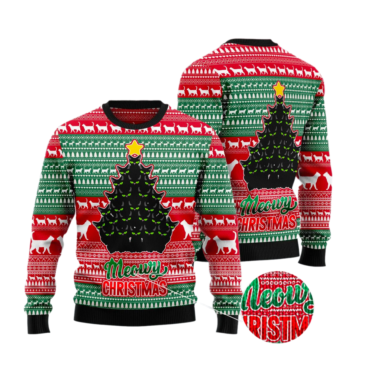 Black Cat Meowy Christmas Ugly Christmas Sweater For Men & Women Christmas Gift Sweater US3591 - WeCustomit