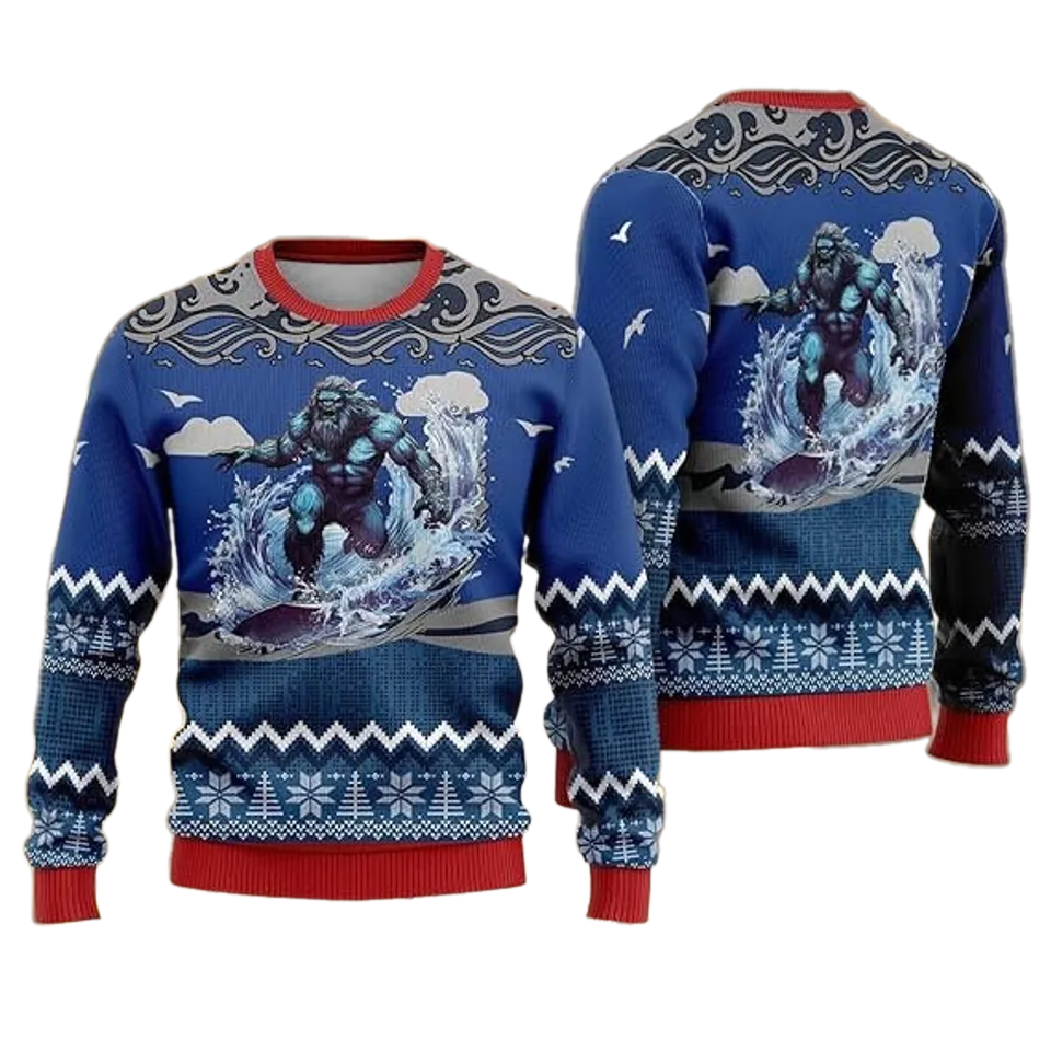 Bigfoot Surfing Ugly Christmas Sweater For Men & Women Christmas Gift Sweater BH977 - WeCustomit