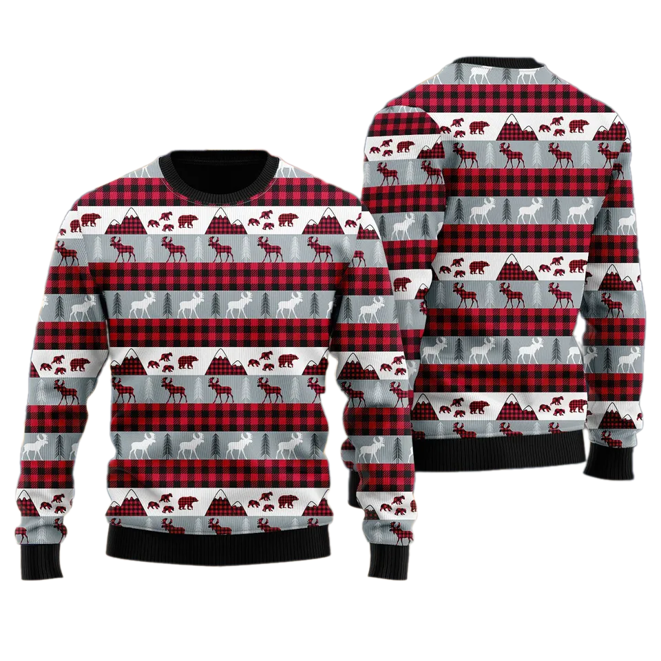 Reindeer And Bear On Buffalo Plaid Ugly Christmas Sweater For Men & Women Christmas Gift Sweater BH989 - WeCustomit
