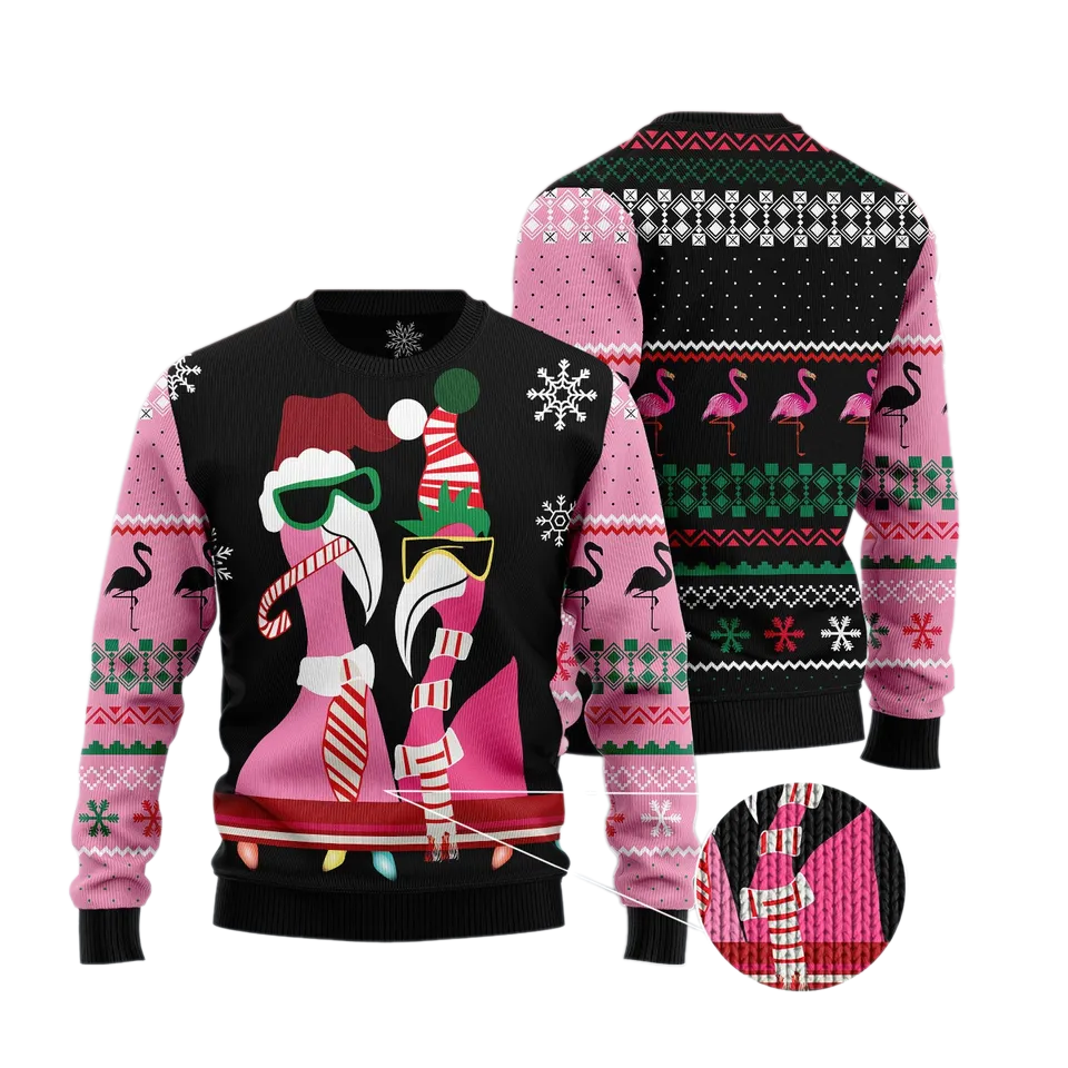 Candy Cane Flamingo Ugly Christmas Sweater For Men & Women Christmas Gift Sweater BH1045 - WeCustomit