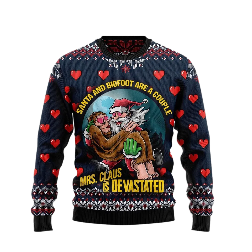 Santa and Bigfoot Are A Couple Ugly Christmas Sweater For Men & Women Christmas Gift Sweater US3793 - WeCustomit