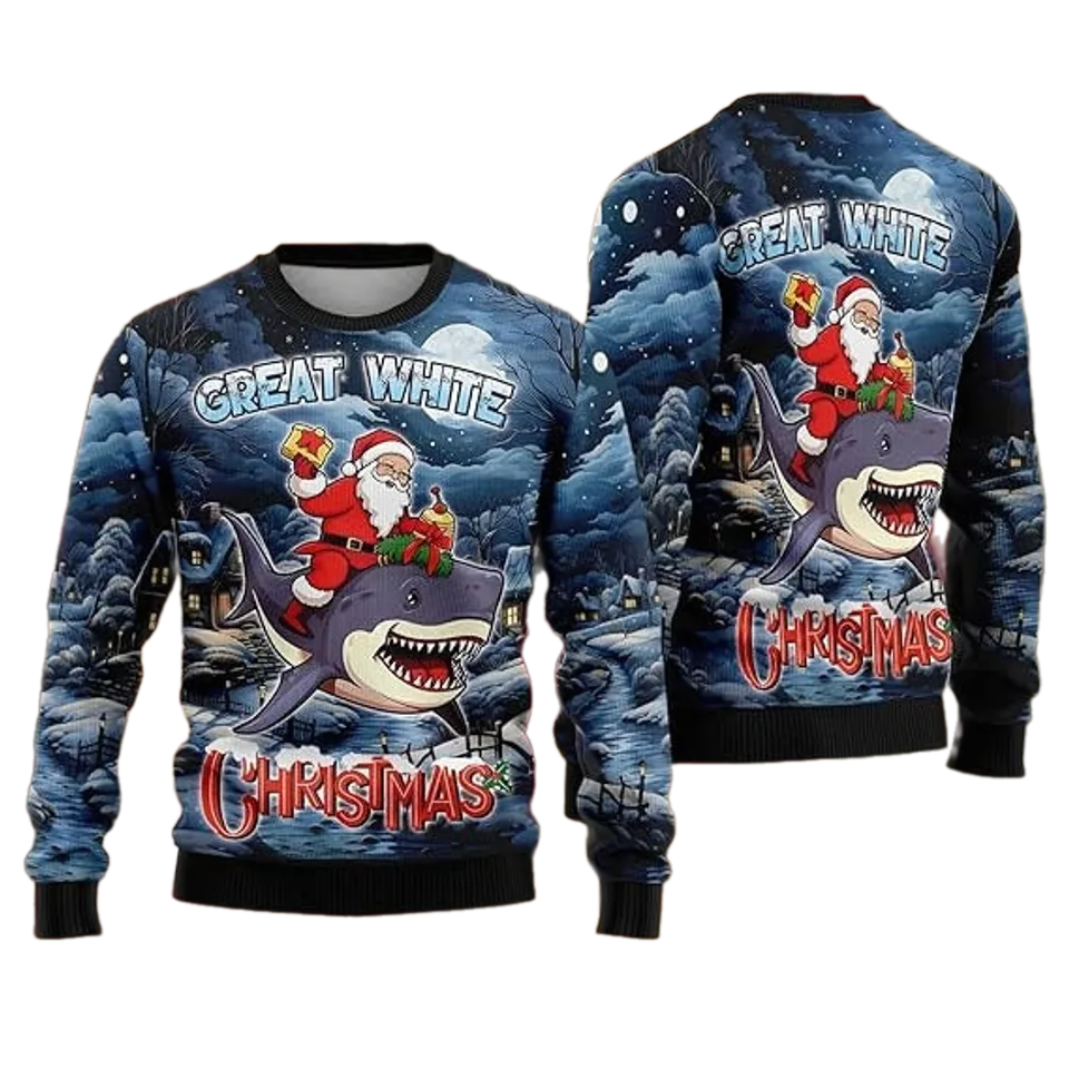 Santa Riding Shark Ugly Christmas Sweater For Men & Women Christmas Gift Sweater US3822 - WeCustomit