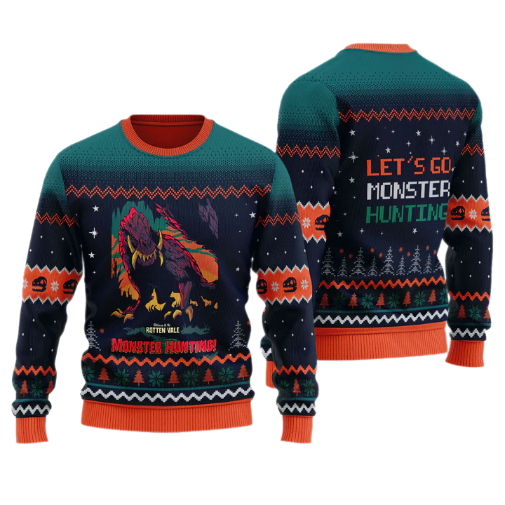 Rotten Vale Let's Go Monster Hunting Unisex Ugly Christmas Sweater For Men & Women Christmas Gift Sweater US4025 - WeCustomit