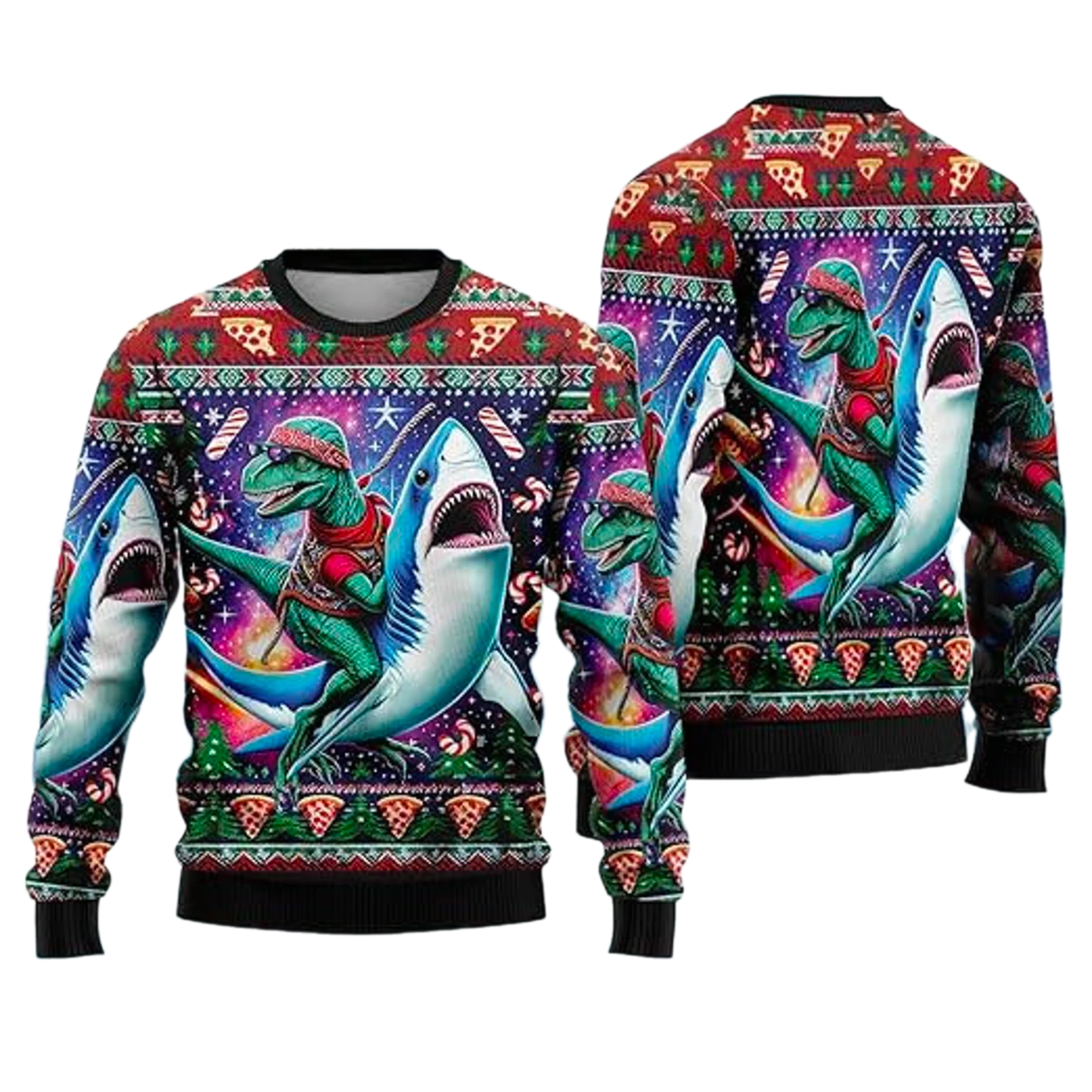Dinosaur Riding Shark Christmas Ugly Christmas Sweater For Men & Women Christmas Gift Thanksgiving Sweater US4383 - WeCustomit