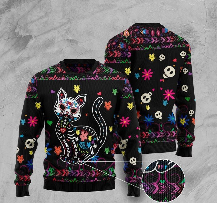 Sugar Skull Cat Pattern Ugly Christmas Sweater For Men & Women Christmas Gift Sweater US1040 - WeCustomit