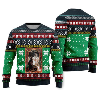 Cat Christmas Snow Window Ugly Christmas Sweater For Men & Women Christmas Gift Sweater US1114 - WeCustomit