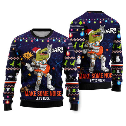Funny T-rex Play Rock Music Between Stars Planets Galaxies Ugly Christmas Sweater For Men & Women Christmas Gift Sweater US2261 - WeCustomit
