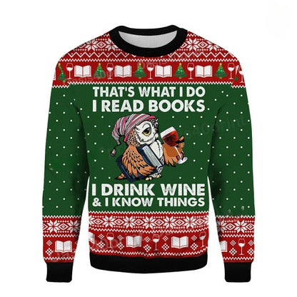 Funny Owl That's What I Do I Read Books Ugly Sweater Book Lovers Ugly Sweater Owl Lovers Ugly Sweater Christmas Drink Wine Love Sweatshirt - WeCustomit