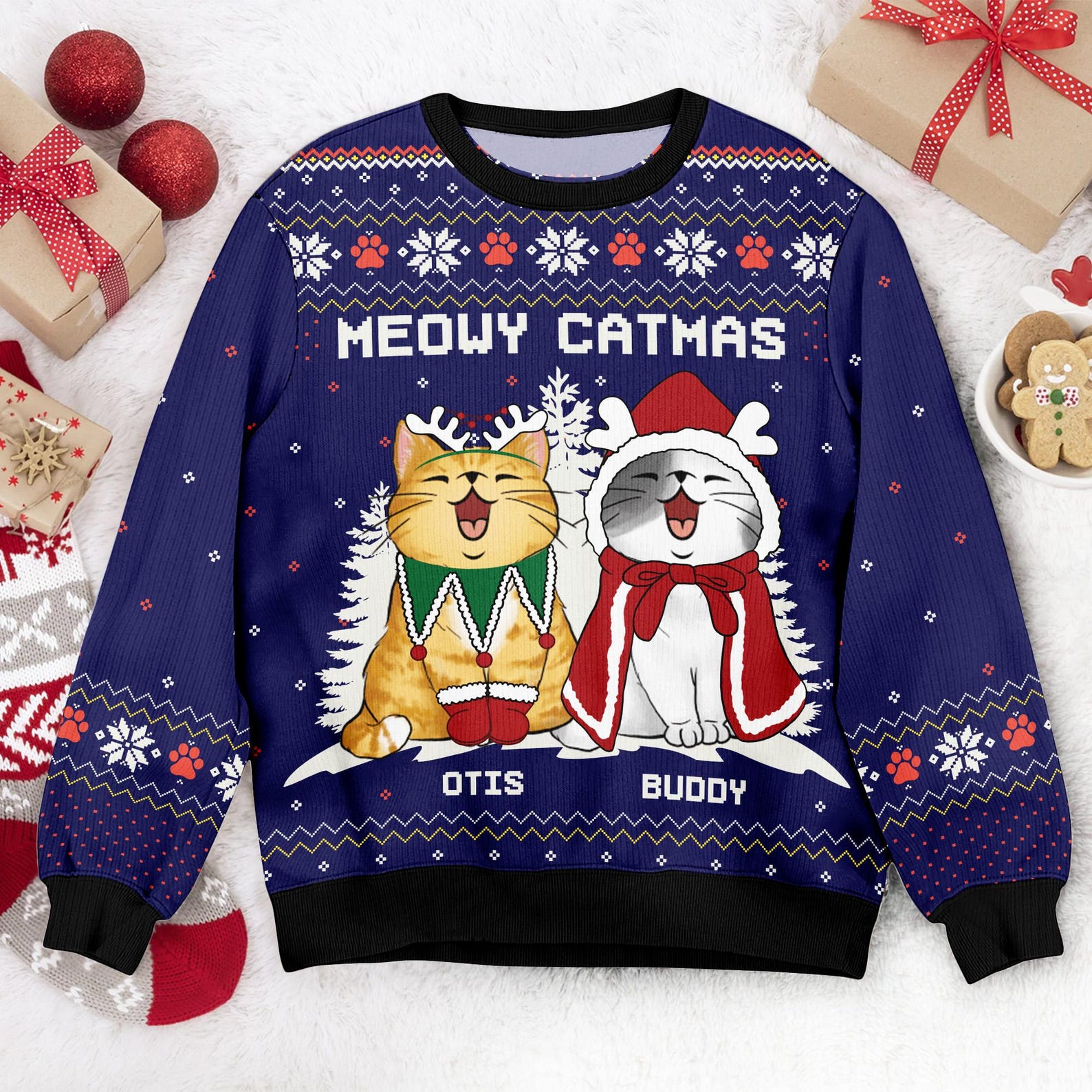 Personalized Cat Meowy Catmas Ugly Christmas Sweater, Custom Cat Ugly Sweater, Funny Christmas Gift For Cat Owner Cat Lover, Cat Mom Sweater - WeCustomit
