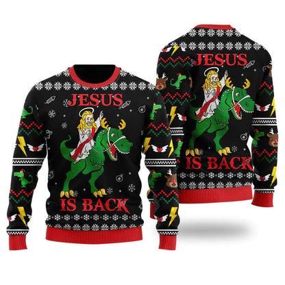 Jesus Ride Dinosaur Is Back Ugly Christmas Sweater For Men & Women Christmas Gift Sweater US2303 - WeCustomit